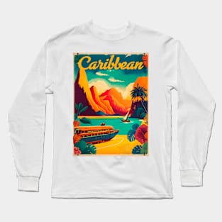 Caribbean Beach Vintage Travel Art Poster Long Sleeve T-Shirt